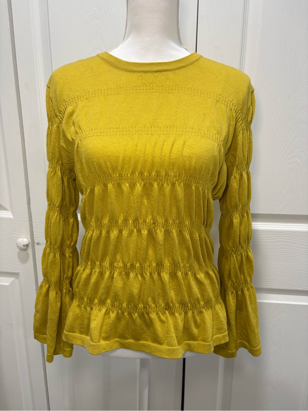 Smocked Textured Long-Sleeve Blouse - Yellow